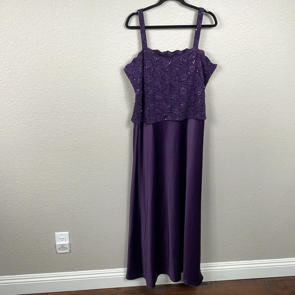 New Alex Evenings Sequin Lace Satin Gown Maxi Dress Square Neck Purple Eggplant